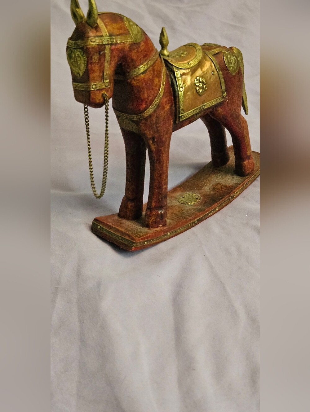 Source Unknown Red and Brass Decorative Rocking Wood Horse Figurine